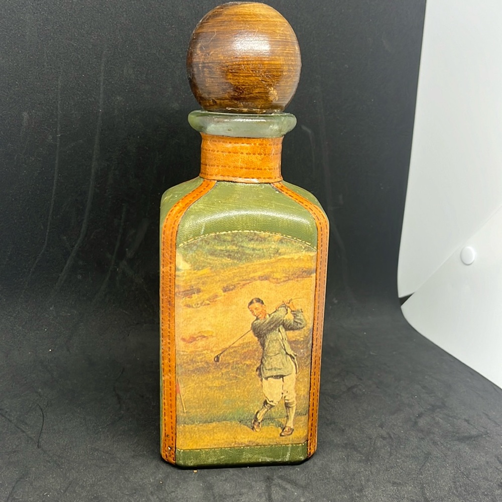 Fausto Conturi Italian Leather Liquor Bottle Decanter Florence Italy FOR GOLFER - Picture 1 of 7